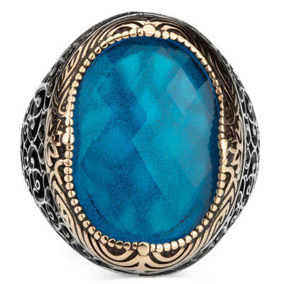 Sterling Silver Inlaid Mens Ring with Light Blue Zircon Stonework - 2