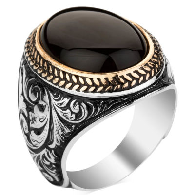 Sterling Silver Intricately Inlaid Mens Ring with Black Onyx Stone - 1