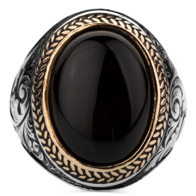 Sterling Silver Intricately Inlaid Mens Ring with Black Onyx Stone - 2