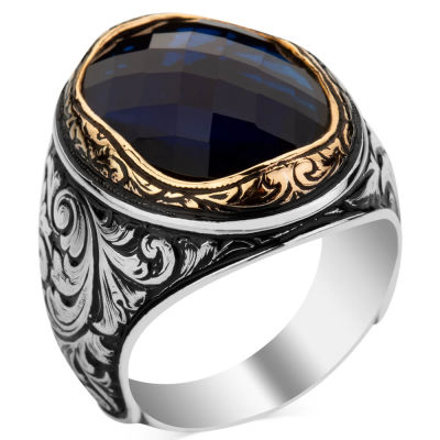 Sterling Silver Intricately Inlaid Mens Ring with Blue Zircon Stone - 1