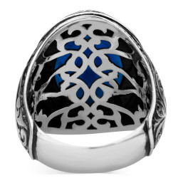 Sterling Silver Intricately Inlaid Mens Ring with Blue Zircon Stone - 3