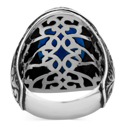 Sterling Silver Intricately Inlaid Mens Ring with Blue Zircon Stone - 3
