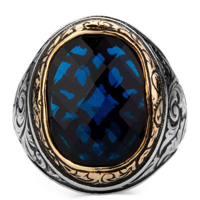 Sterling Silver Intricately Inlaid Mens Ring with Blue Zircon Stone - 2