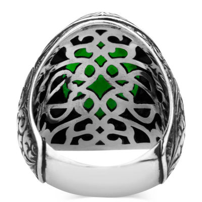 Sterling Silver Intricately Inlaid Mens Ring with Green Zircon Stone - 3