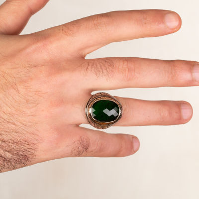 Sterling Silver Intricately Inlaid Mens Ring with Green Zircon Stone - 4