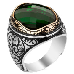 Sterling Silver Intricately Inlaid Mens Ring with Green Zircon Stone - 1