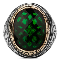 Sterling Silver Intricately Inlaid Mens Ring with Green Zircon Stone - 2