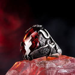 Sterling Silver Mens Eagle Ring with Personalized Red Zircon Stone - Anı Yüzük