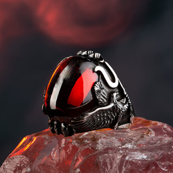 Sterling Silver Mens Eagle Ring with Red Zircon Stone - 4
