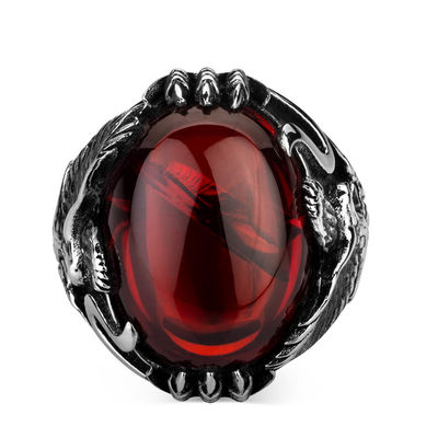 Sterling Silver Mens Eagle Ring with Red Zircon Stone - 2