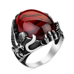 Sterling Silver Mens Eagle Ring with Red Zircon Stone - 1