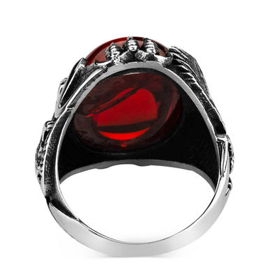 Sterling Silver Mens Eagle Ring with Red Zircon Stone - 3
