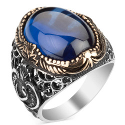 Sterling Silver Mens Letter V Ring with Blue Zircon Stone - 1