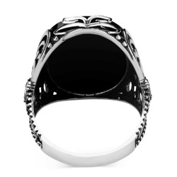 Sterling Silver Mens Ottoman Crest Ring with Black Zircon Stone - 3