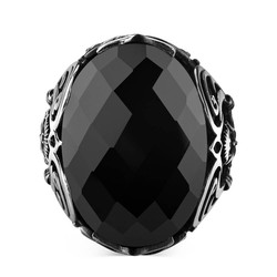 Sterling Silver Mens Ottoman Crest Ring with Black Zircon Stone - 2
