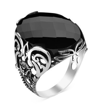 Sterling Silver Mens Ottoman Crest Ring with Black Zircon Stone - 1