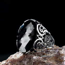 Sterling Silver Mens Ottoman Crest Ring with Black Zircon Stone - 4