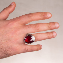 Sterling Silver Mens Ottoman Crest Ring with Faceted Red Zircon Stone - 5