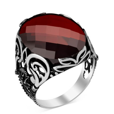 Sterling Silver Mens Ottoman Crest Ring with Faceted Red Zircon Stone - 1