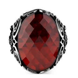 Sterling Silver Mens Ottoman Crest Ring with Faceted Red Zircon Stone - 2