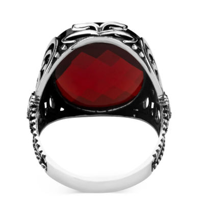 Sterling Silver Mens Ottoman Crest Ring with Faceted Red Zircon Stone - 3