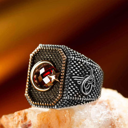 Sterling Silver Mens Ottoman Tughra Ring with Crescent Star - 1