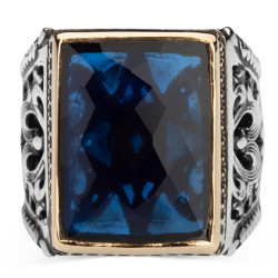 Sterling Silver Mens Rectangular Ring with Blue Zircon Stone - 2