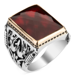 Sterling Silver Mens Rectangular Ring with Red Zircon Stone - 1