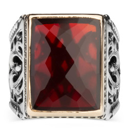 Sterling Silver Mens Rectangular Ring with Red Zircon Stone - 2