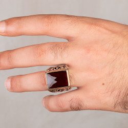 Sterling Silver Mens Rectangular Ring with Red Zircon Stone - 3
