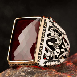 Sterling Silver Mens Rectangular Ring with Red Zircon Stone - 4
