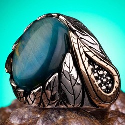 Sterling Silver Mens Ring with Blue Tigereye Stone - 1