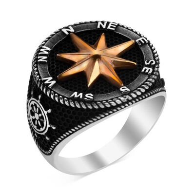 Sterling Silver Mens Ring with Compass Design - 1