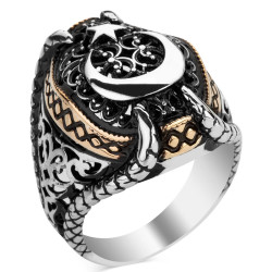 Sterling Silver Mens Ring with Crescent Star and Talon Design - 1
