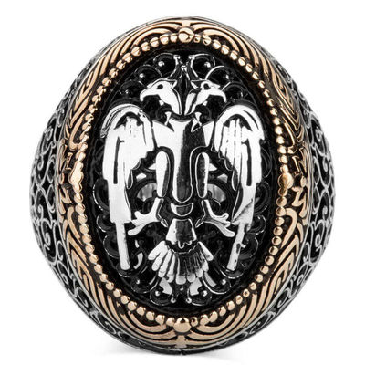 Sterling Silver Mens Ring with Double Headed Seljuk Eagle - 2