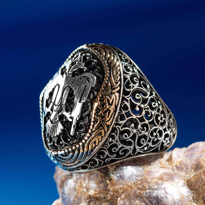 Sterling Silver Mens Ring with Double Headed Seljuk Eagle - 4
