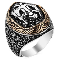Sterling Silver Mens Ring with Double Headed Seljuk Eagle - 1