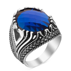Sterling Silver Mens Ring with Faceted Blue Zircon Stone - 2