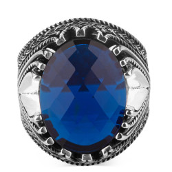Sterling Silver Mens Ring with Faceted Blue Zircon Stone - 3