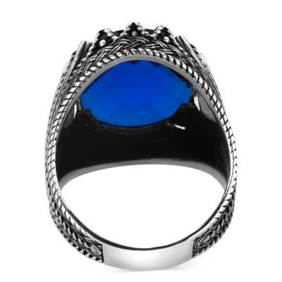 Sterling Silver Mens Ring with Faceted Blue Zircon Stone - 4