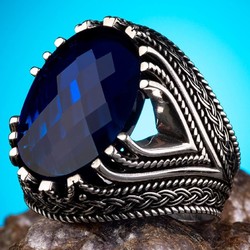 Sterling Silver Mens Ring with Faceted Blue Zircon Stone 