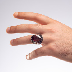Sterling Silver Mens Ring with Faceted Red Zircon Stone - 5