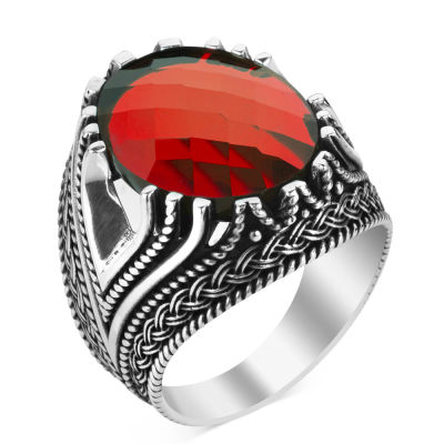 Sterling Silver Mens Ring with Faceted Red Zircon Stone - 2