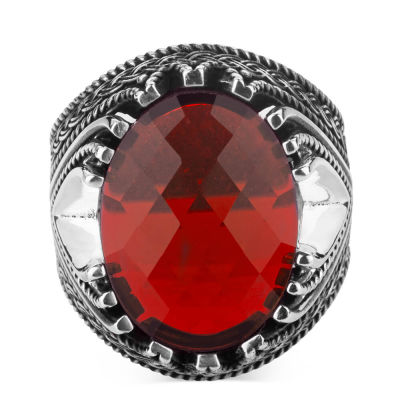 Sterling Silver Mens Ring with Faceted Red Zircon Stone - 3