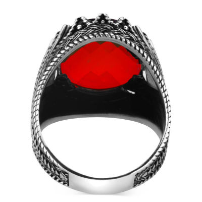 Sterling Silver Mens Ring with Faceted Red Zircon Stone - 4