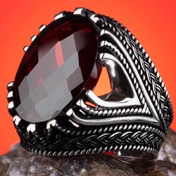 Sterling Silver Mens Ring with Faceted Red Zircon Stone 