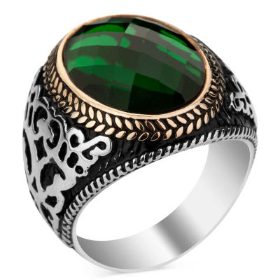 Sterling Silver Mens Ring with Green Zircon Stonework - 1
