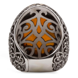 Sterling Silver Mens Ring with Large Synthetic Amber Stone - 4