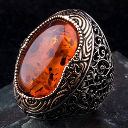 Sterling Silver Mens Ring with Large Synthetic Amber Stone - 1