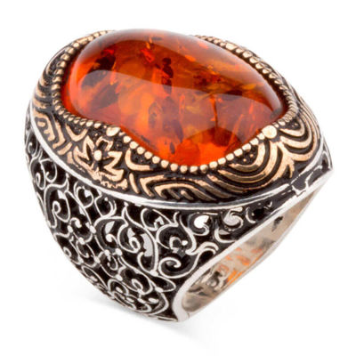 Sterling Silver Mens Ring with Large Synthetic Amber Stone - 2